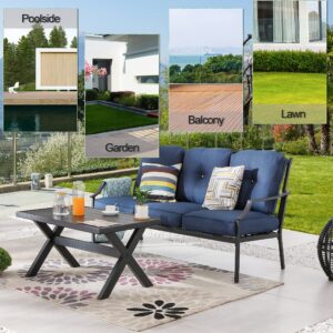 LOKATSE HOME Outdoor Patio Cushioned Loveseat 3 Seats Sofa Bench with Metal Coffee Table, Blue