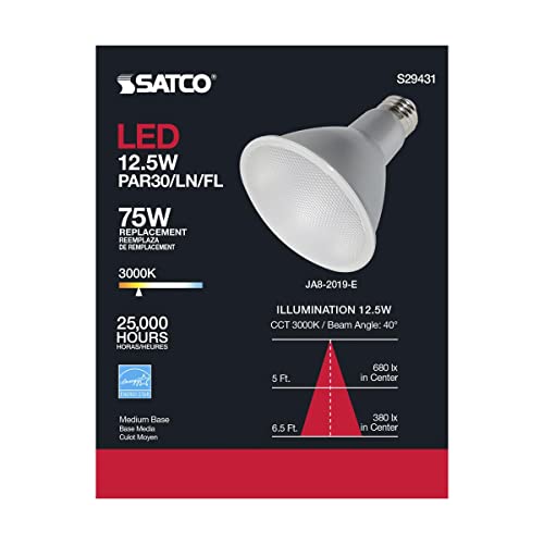 SATCO S29431 12.5 Watt 120 Volt PAR30LN Reflector LED Bulb 3000K; 40 deg. Beam Angle; E26 Medium Base (6 LED Light Bulbs)