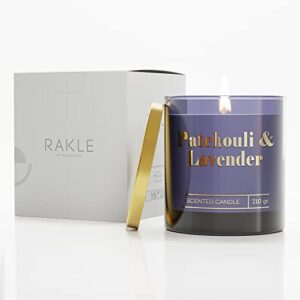 rakle candles for home scented – patchouli lavender scented candle 7.4 oz – premium soy wax blend candle jar with lid for home, meditation, aromatherapy – delightful long lasting scents