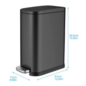 BETHEBEST 10 Liter/ 2.6 Gallon Black Bathroom Trash Can with Lid,Slim Step Trash Can with Removable Inner Bucket for Bathroom,Bedroom,Office