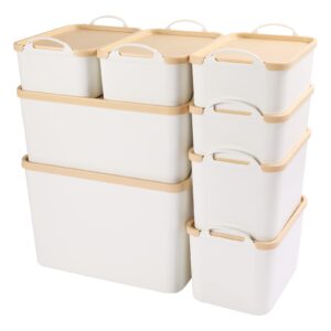 anminy 8pcs plastic storage bins containers with lids, large white storage organization bins boxes, lidded plastic storage baskets for closet shelves drawers desktop home office, wheat lids