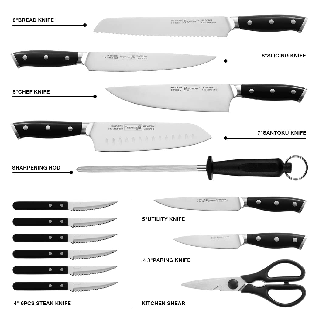 ROMANTICIST Knife Set 16-Piece Kitchen Knife Set,German Stainless Steel Sturdy Durable Kitchen Knives, Razor Sharp,Knife Set with Block,Cutting Board and Knife Sharpner Black Knife Set