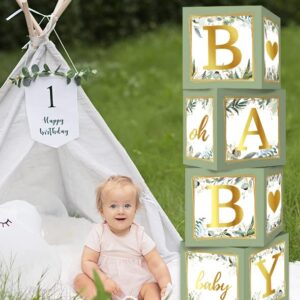 RUBFAC Sage Green Baby Boxes with Letters for Baby Shower, 4pcs Safari Baby Shower Decorations for Boy Girl Balloon Boxes Gender Reveal Baby Shower Birthday Party Favors