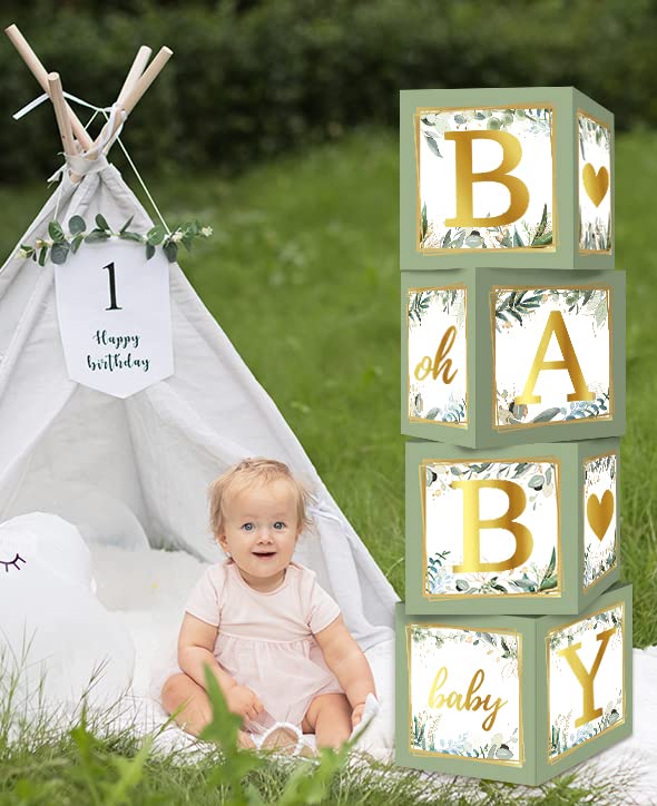 RUBFAC Sage Green Baby Boxes with Letters for Baby Shower, 4pcs Safari Baby Shower Decorations for Boy Girl Balloon Boxes Gender Reveal Baby Shower Birthday Party Favors