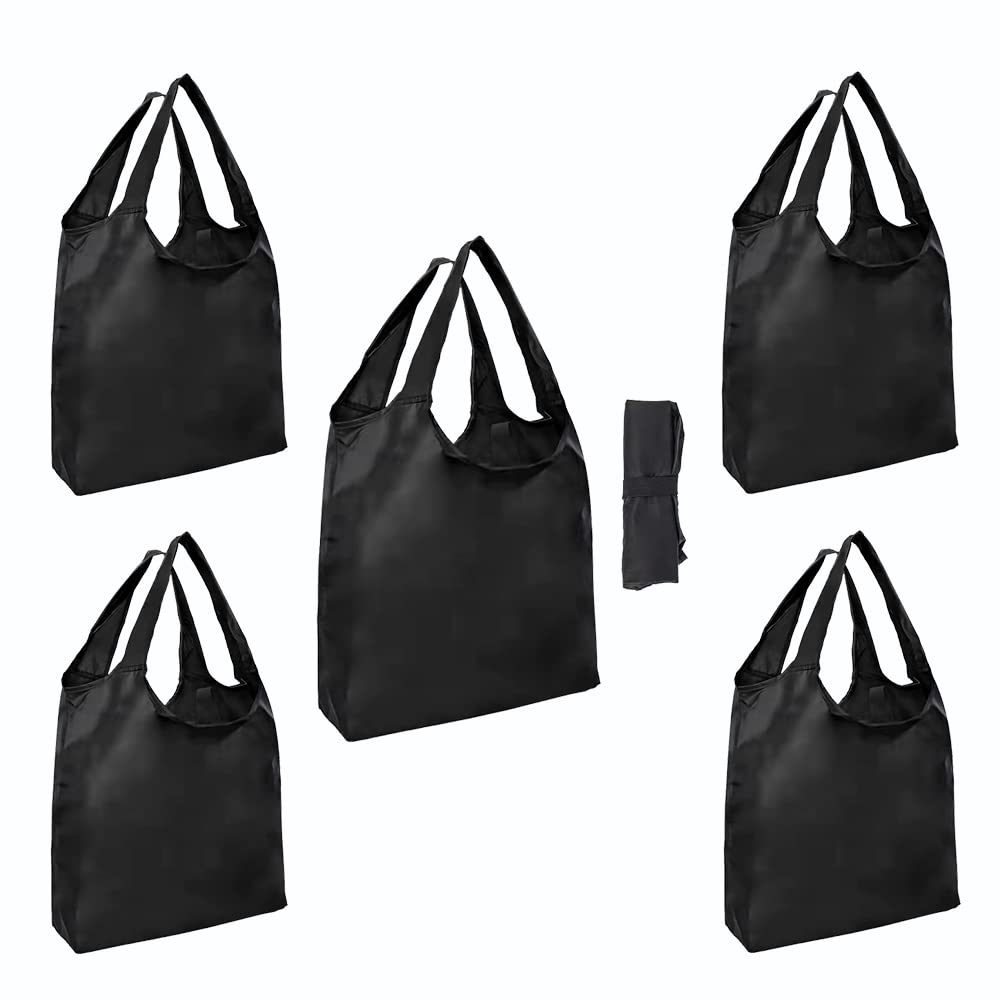 Aricsen 5 Pack Reusable Foldable Grocery Tote Bags, Black