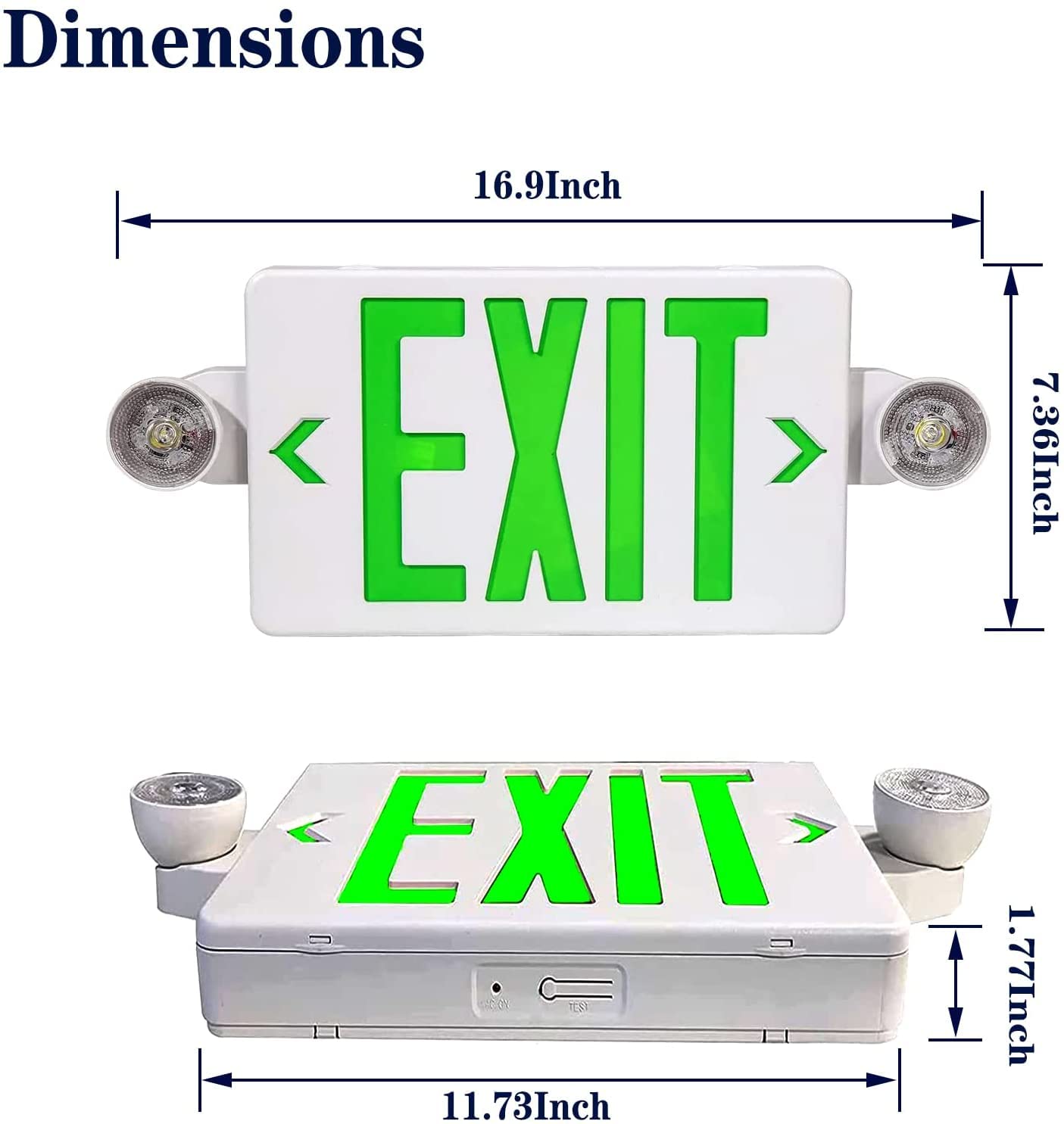 LED Exit Sign with Emergency Light, Double Sided Green with Battery Backup, Rotatable Light Head, AC 120V/277V, UL Listed Commercial LED Emergency Exit Light (2Pack, Green)