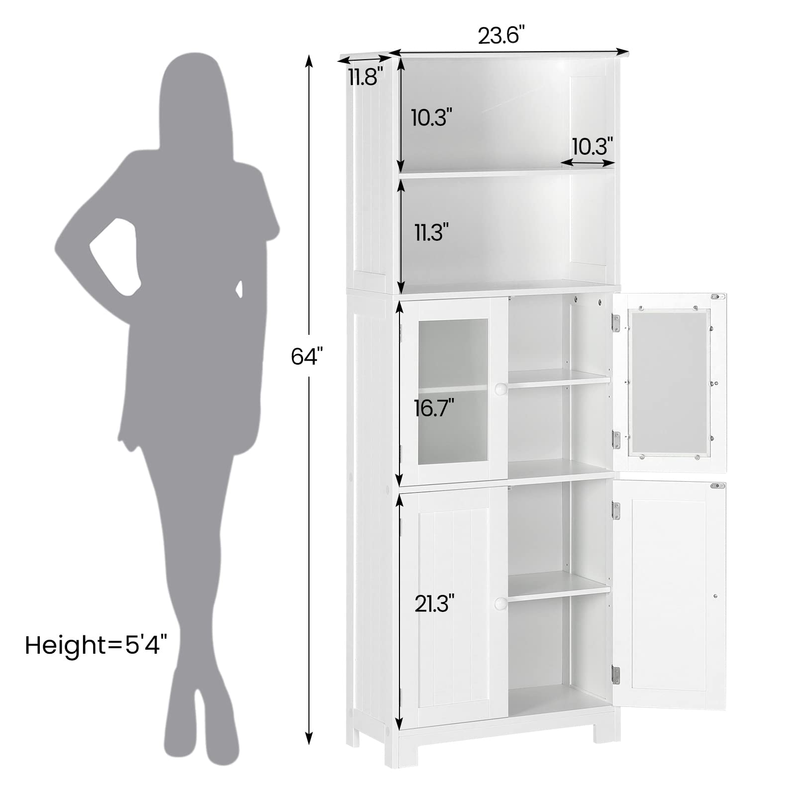 Tiptiper Bathroom Storage Cabinet, Tall Bathroom Cabinet with Adjustable Shelves and Glass Doors, for Bathroom, Kitchen, 11.2" D x 23.6" W x 64" H, White