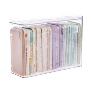 fabrok plastic iphone case organizer, clear storage holder box with lid for cell phone basic cases, multifunctional phone case storage box for desk, cupboard, cabinet