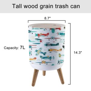 KCDCYCZEAL Small Trash Can with Lid Airplanes Boys Round Recycle Bin Press Top Dog Proof Wastebasket for Kitchen Bathroom Bedroom Office 7L/1.8 Gallon