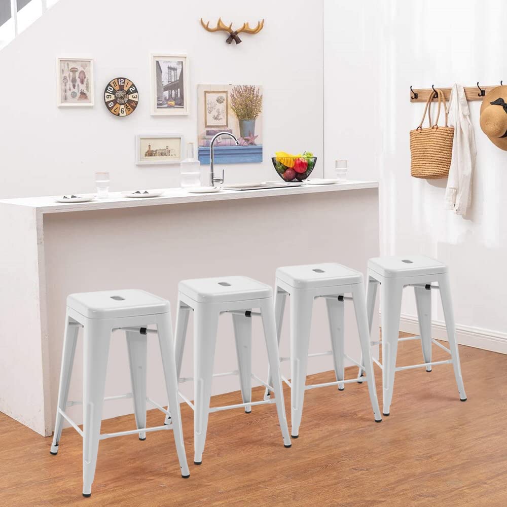 BLKMTY Metal Stools Set of 4 Stoolseating 24 Inch Bar Stools Counter Height Barstool Stackable Barstools Outdoor Patio Bar Stool Home Kitchen Dining Stool Backless Indoor Bar Chair, White