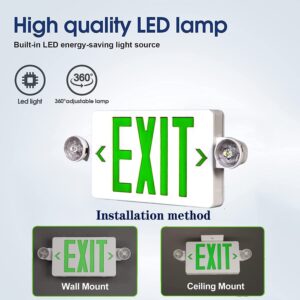 LED Exit Sign with Emergency Light, Double Sided Green with Battery Backup, Rotatable Light Head, AC 120V/277V, UL Listed Commercial LED Emergency Exit Light (2Pack, Green)