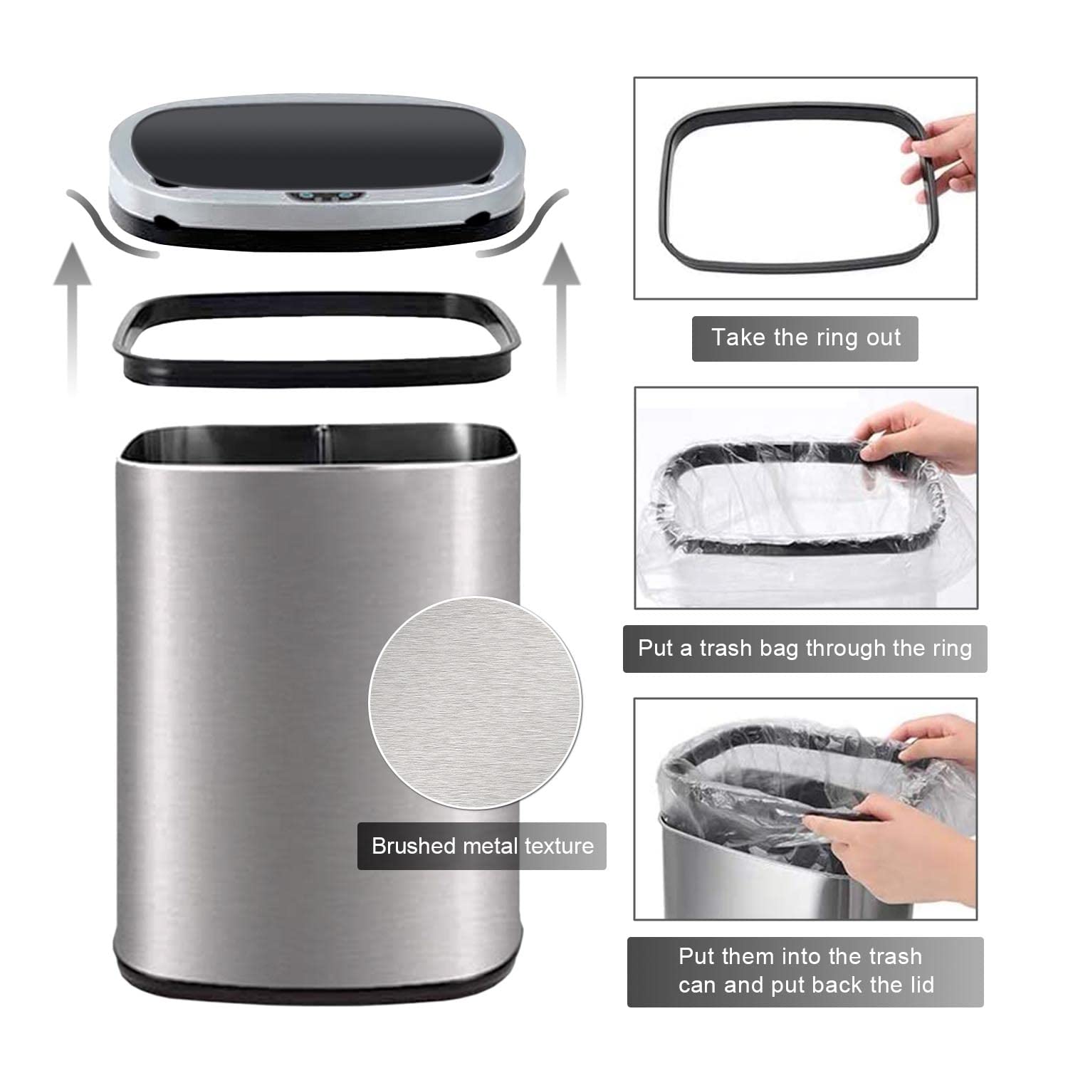 13 Gallon Trash Can Kitchen, Automatic Garbage Can Touchless Motion Sensor, Stainless Steel Trash Can with lid Anti-Fingerprint Mute Designed, Waste Bin 50L, for Office Bedroom Living Room Trash Can