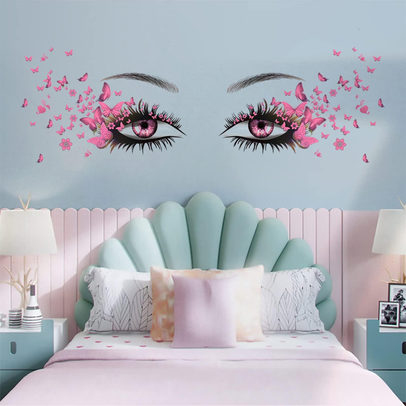 Beautiful Eyelash Eyes Wall Stickers Flying Butterfly Wall Decals Beautiful Girl Heart Wall Decor Vinyl Wall Art Butterflies Wall Decor Stickers for Women Girls Bedroom Living Room Decoration