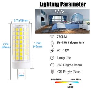 ZSCBBKJ G8 Non-Dimmable Bi-Pin Base LED Bulb,75W Halogen Bulb Replacement,Daylight White 6000K,8W,AC 110V,750LM(4 Pack