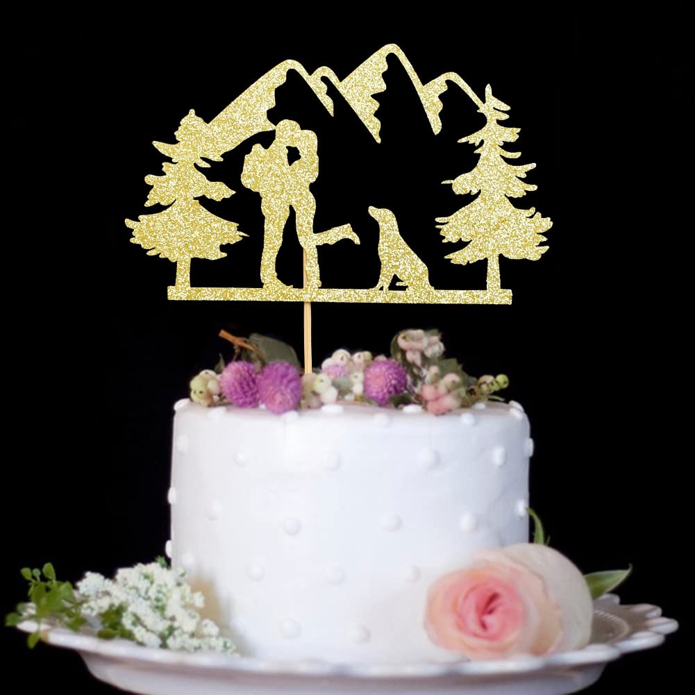 Outdoor Wedding Cake Topper Bride & Groom with Dog Backpacking Wedding Party Decor Mountain Trees Outdoor Themed Wedding Cake Decorations Gold Glitter