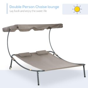 Outsunny Patio Double Chaise Lounge Chair, Outdoor Wheeled Hammock Daybed with Adjustable Canopy and Pillow for Sun Room, Garden, or Poolside, Brown