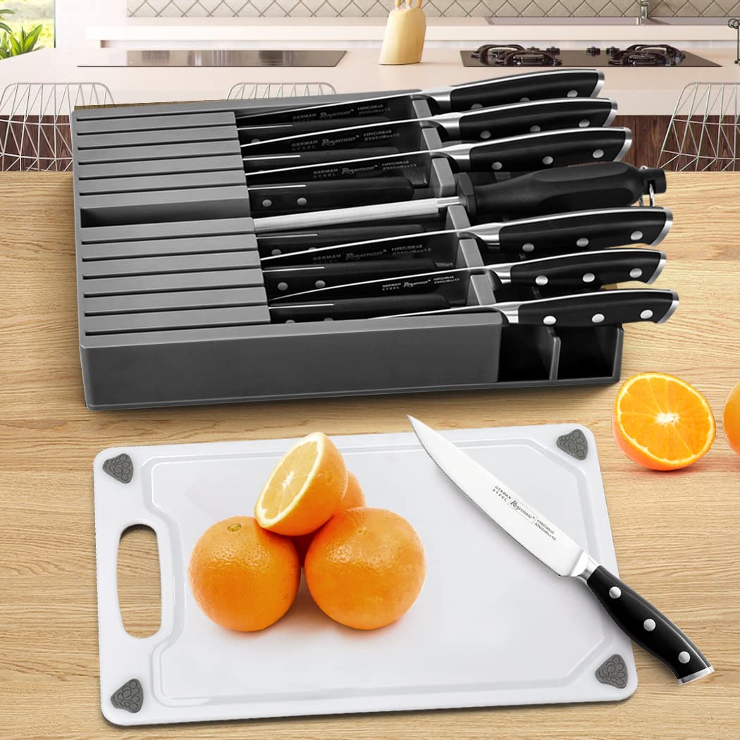 ROMANTICIST Knife Set 16-Piece Kitchen Knife Set,German Stainless Steel Sturdy Durable Kitchen Knives, Razor Sharp,Knife Set with Block,Cutting Board and Knife Sharpner Black Knife Set