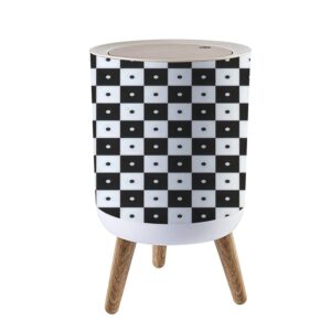 cakojv188 round trash can with press lid checked seamless minimal black and white small garbage can trash bin dog-proof trash can wooden legs waste bin wastebasket 7l/1.8 gallon