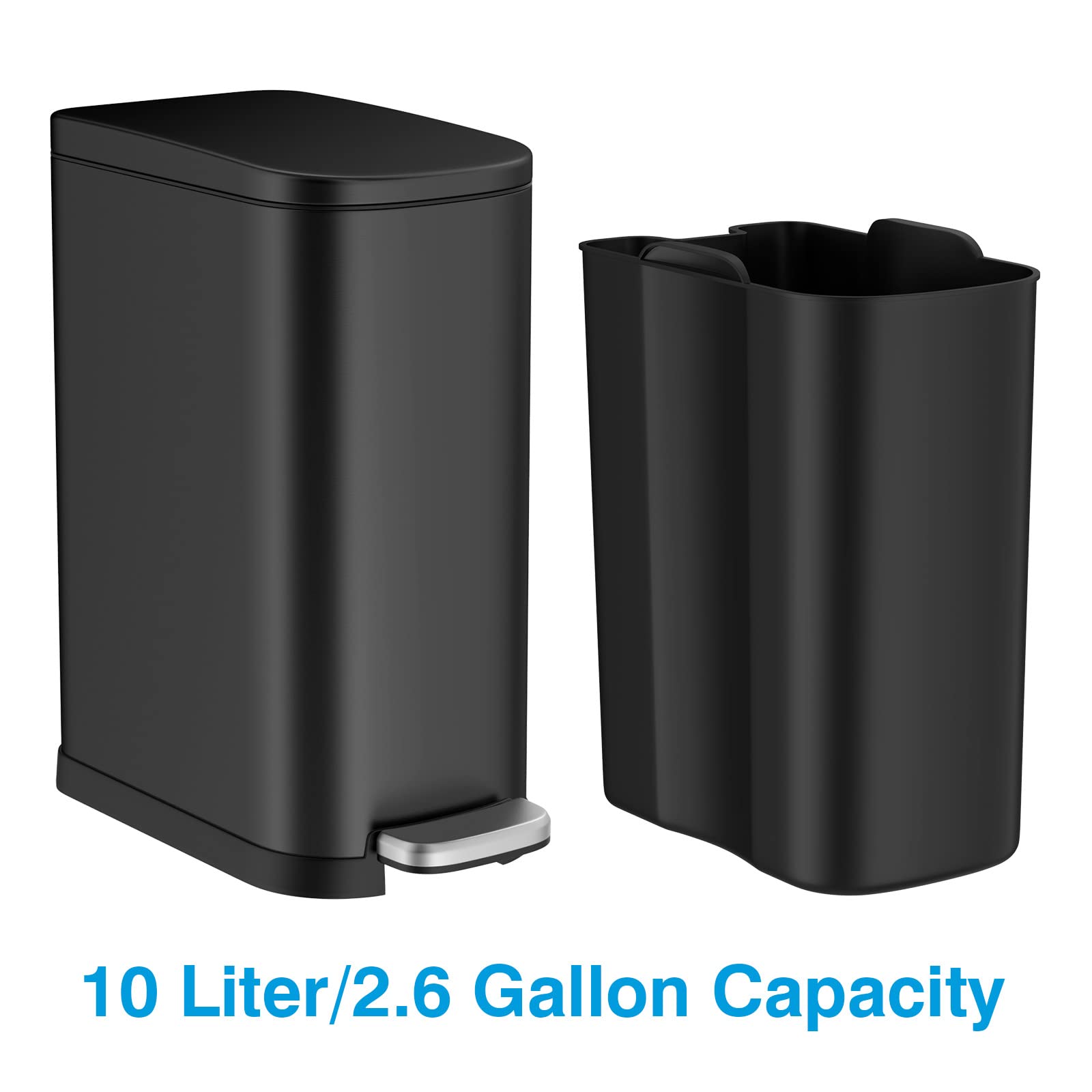 BETHEBEST 10 Liter/ 2.6 Gallon Black Bathroom Trash Can with Lid,Slim Step Trash Can with Removable Inner Bucket for Bathroom,Bedroom,Office