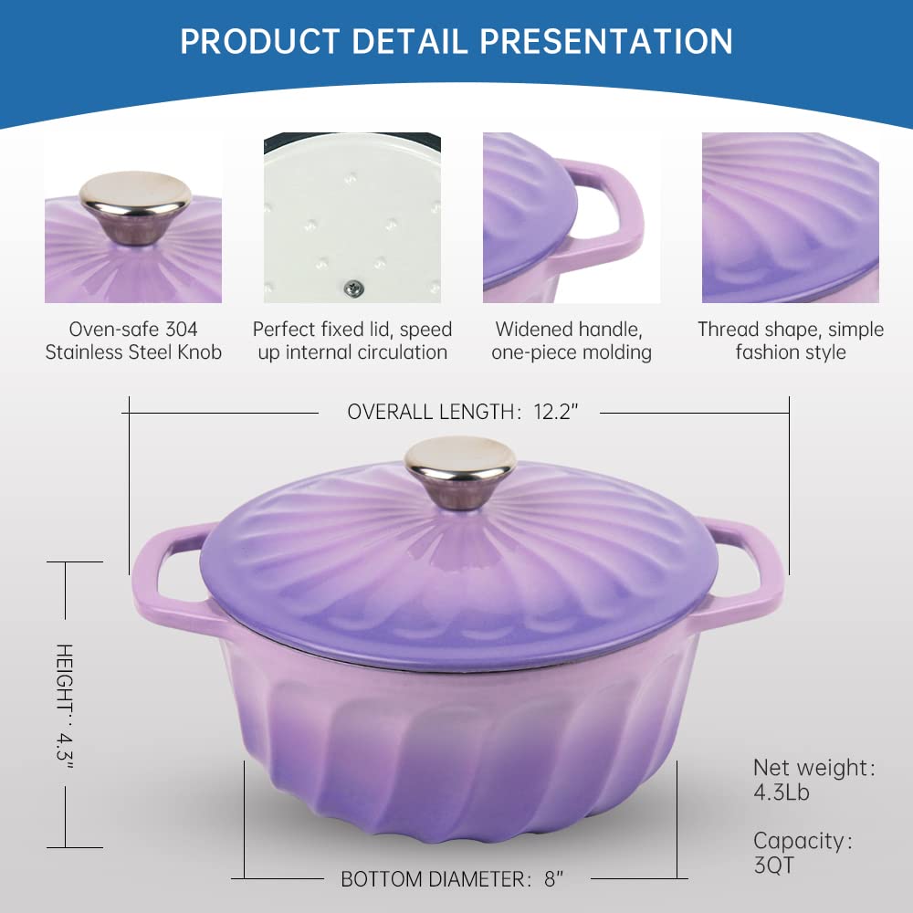 M-COOKER 4 Quart Enameled Cast Iron Covered Round Dutch Oven with Lid, Casserole, Pot, French Oven, Purple