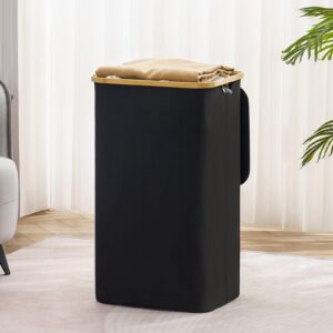 100L Large Laundry Basket with Lid by TECHMILLY, Tall Laundry Hamper with Bamboo Handles for Clothes and Toys Storage, Foldable Clothes Hamper for Bedroom, Dorm Room, Bathroom, Black