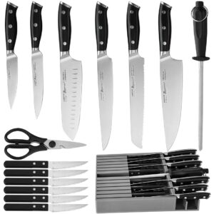 romanticist knife set 16-piece kitchen knife set,german stainless steel sturdy durable kitchen knives, razor sharp,knife set with block,cutting board and knife sharpner black knife set