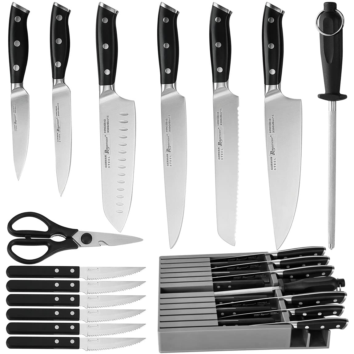 ROMANTICIST Knife Set 16-Piece Kitchen Knife Set,German Stainless Steel Sturdy Durable Kitchen Knives, Razor Sharp,Knife Set with Block,Cutting Board and Knife Sharpner Black Knife Set