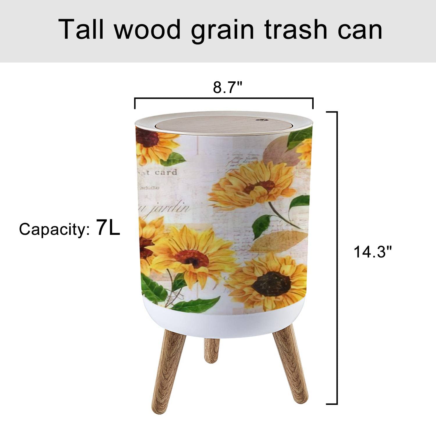 Small Trash Can with Lid A seamless with hand drawn vibrant yellow watercolor sunflowers on the Round Recycle Bin Press Top Dog Proof Wastebasket for Kitchen Bathroom Bedroom Office 7L/1.8 Gallon