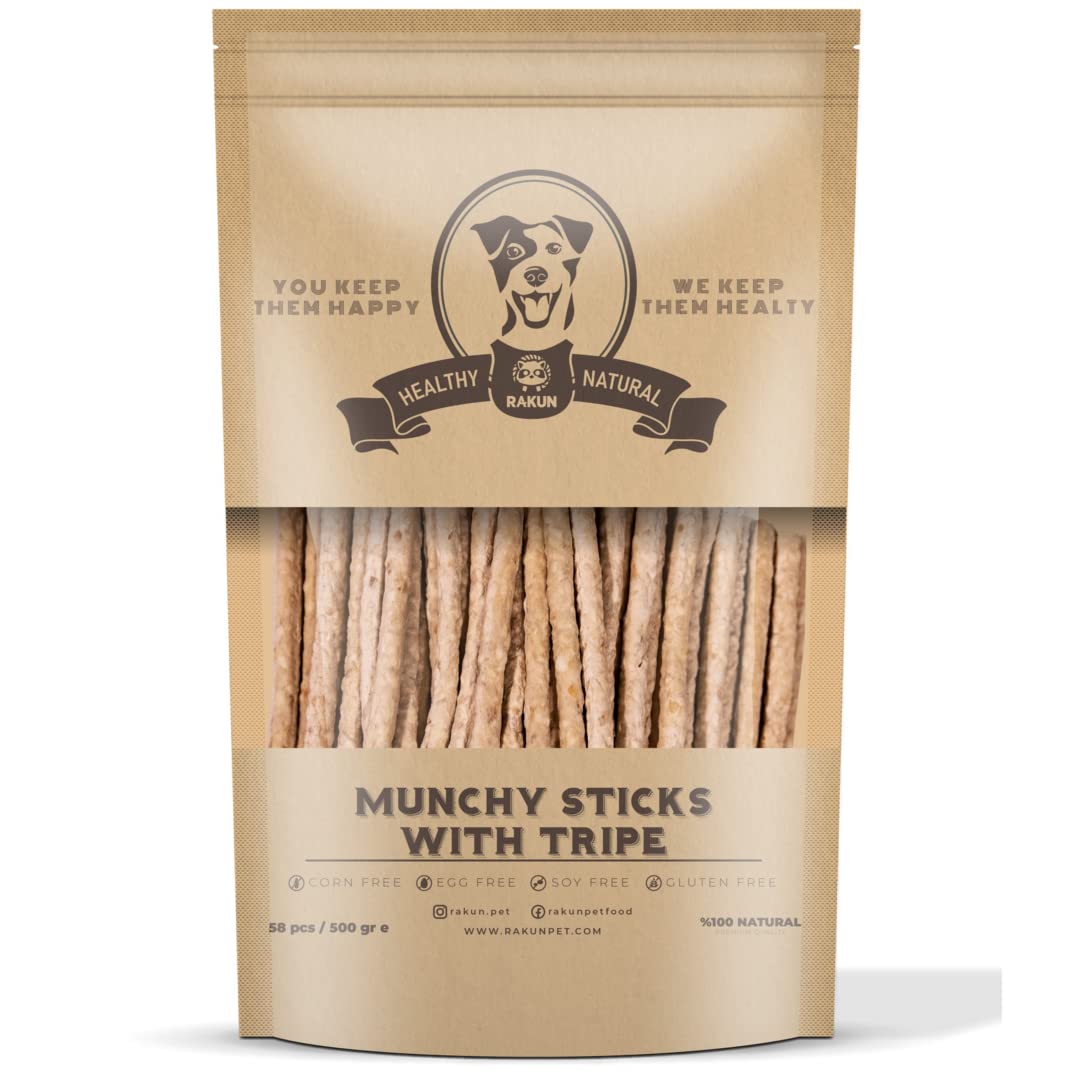 RAKUN Munchy Sticks with Tripe - All-Natural- Bully Sticks for Dogs - 100% Rawhide -Treats Sticks - Nutritious Reward Sticks - High Protein Nutrition Supplement - Pack of 1(58 Count)