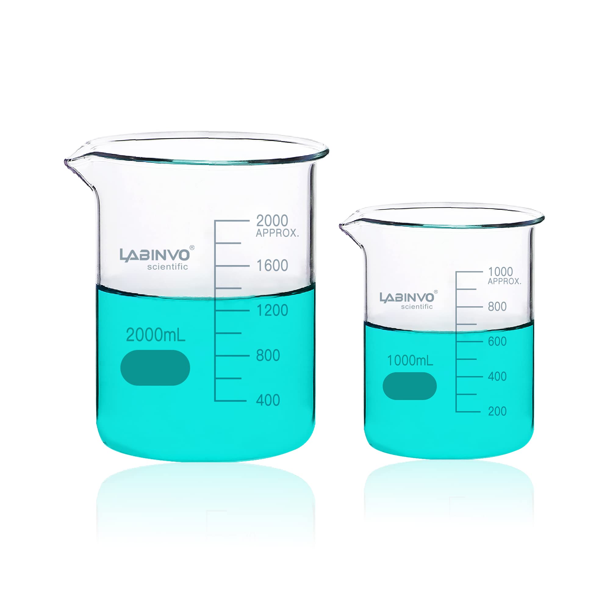 LABINVO Low Form Graduated Glass Beaker Set, Each 1pc of Vol.1000ml 2000ml, 3.3 Borosilicate Glass, IN-BKLS02