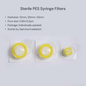 COBETTER 10 pcs/pk Sterile Syringe Filter Double-Layer PES Hydrophilic Membrane 0.2μm Lab Filters 25mm Diameter Individually Packed, Yellow