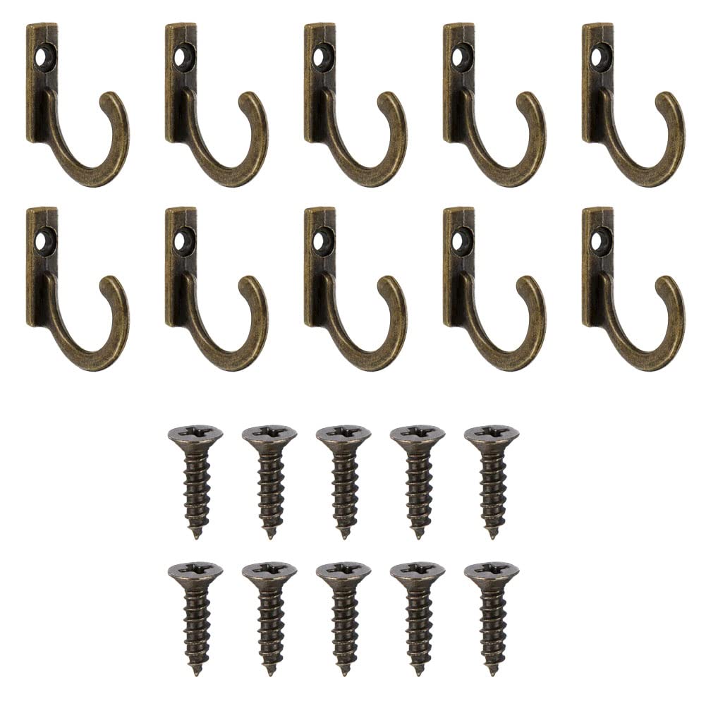 10 Pieces Zinc Alloy Antique Wall Mounted Delicate Small Hooks with Screws for Home Hanging Keys Hanging Towel Hanging Hat Coat Kitchen Supplies etc (Bronze)