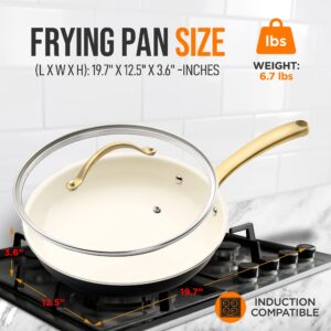 NutriChef 12-Inch Professional Ceramic Frying Pan With Lid - Large Skillet with Golden Titanium Handle, Non-Stick Ceramic Coating, Stain-Resistant, Easy to Clean, Ideal for Home Cooking