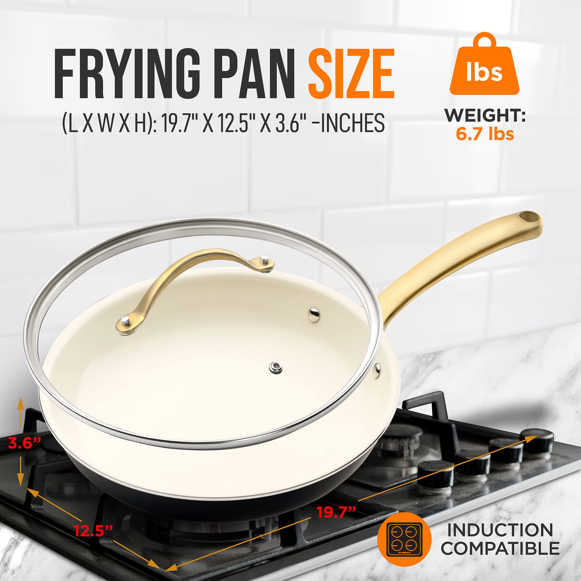 NutriChef 12-Inch Professional Ceramic Frying Pan With Lid - Large Skillet with Golden Titanium Handle, Non-Stick Ceramic Coating, Stain-Resistant, Easy to Clean, Ideal for Home Cooking