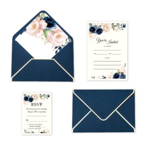 doris home 25pcs blue fill-in wedding invitations with envelopes and rsvp cards with pink rose and envelope with gold border for engagement/quinceanera/bridal shower/anniversary