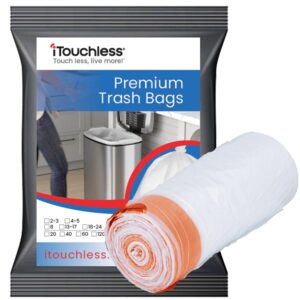 itouchless tall trash bags, 40 count, fits 13 gal, 14 gal, 15 gal, and 16 gallon garbage can, extra-large strong bathroom kitchen bin liners, for rubbish recycling compost in the home, office, clear