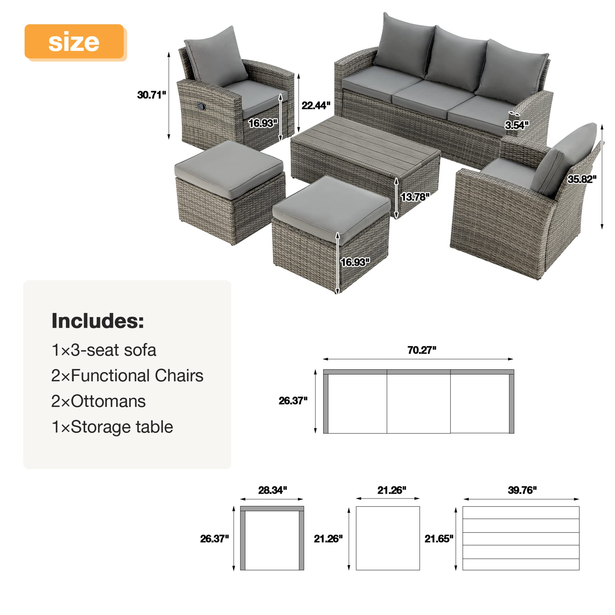 GYUTEI 6 Piece Outdoor Patio Funiture Set,Outdoor Sectional Recliner Sofa Modern High Back Wicker Seating with 2 Ottomans,All Weather Cushions and Storage Table (Grey)