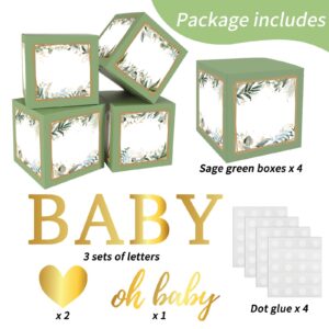 RUBFAC Sage Green Baby Boxes with Letters for Baby Shower, 4pcs Safari Baby Shower Decorations for Boy Girl Balloon Boxes Gender Reveal Baby Shower Birthday Party Favors