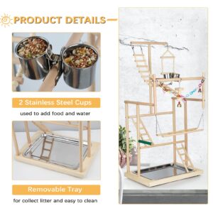 Ibnotuiy Pet Parrot Playstand Parrots Bird Playground Bird Play Stand Wood Perch Gym Playpen Ladder with Feeder Cups Bells for Cockatiel Parakeet (4 Layers)