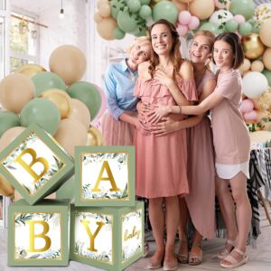 RUBFAC Sage Green Baby Boxes with Letters for Baby Shower, 4pcs Safari Baby Shower Decorations for Boy Girl Balloon Boxes Gender Reveal Baby Shower Birthday Party Favors