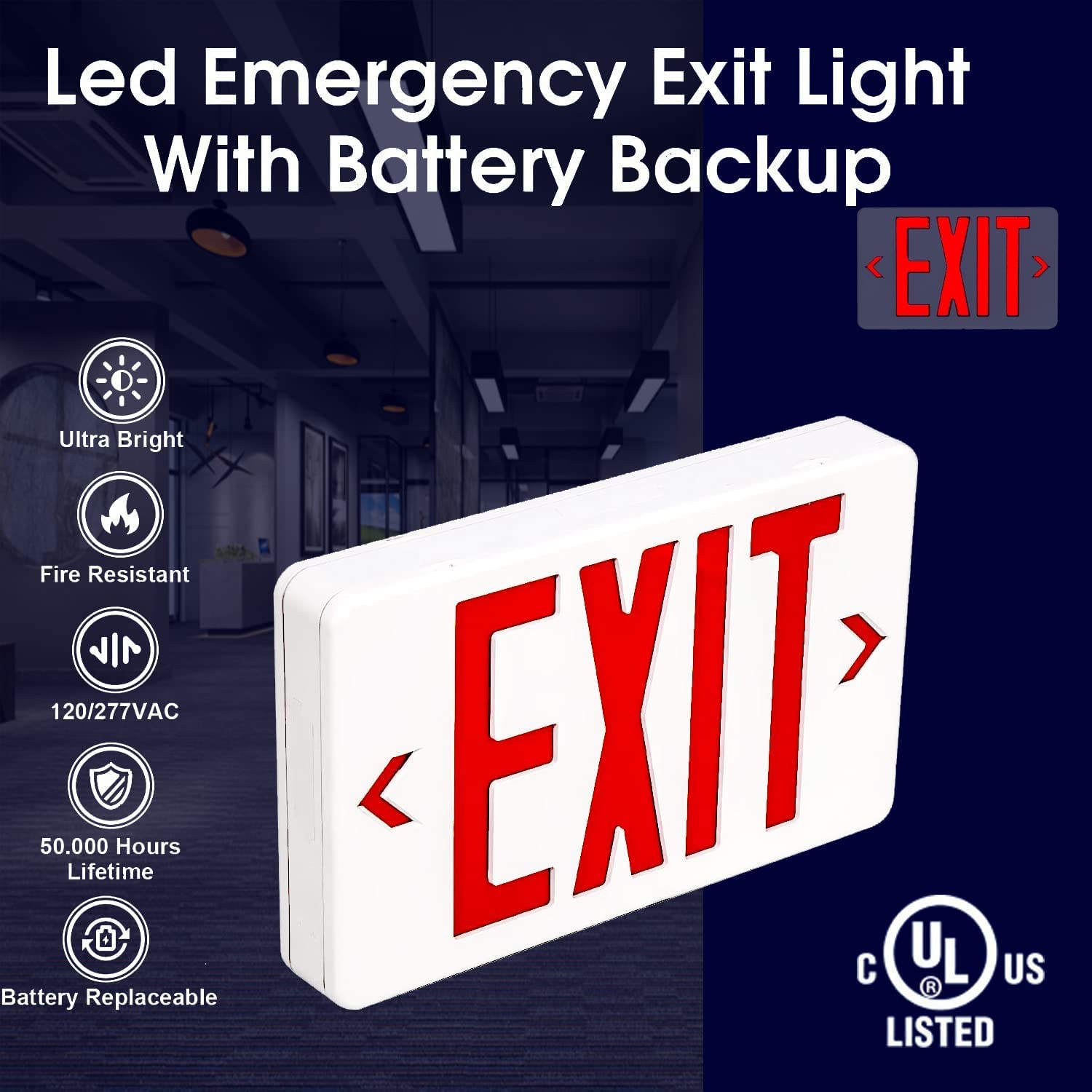 LED Exit Sign Emergency Light, Red Lettering with Battery Backup, LED Emergency Light for Commercial or Industrial Use, AC 120-277V, UL Listed, Rechargeable (4Pack)