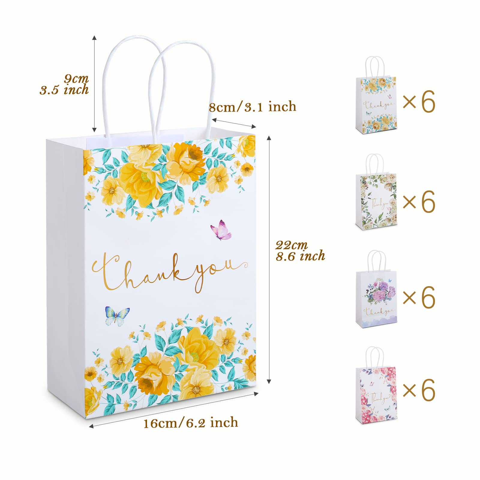 Thank You Gift Bags 24 Pack Floral Design Small Thank You Bags with Handles, 8.6" X 6.2" X 3" White Kraft Paper Bags Favor Bags Gift Bags for Small Business Wedding Bridal Shower Baby Shower