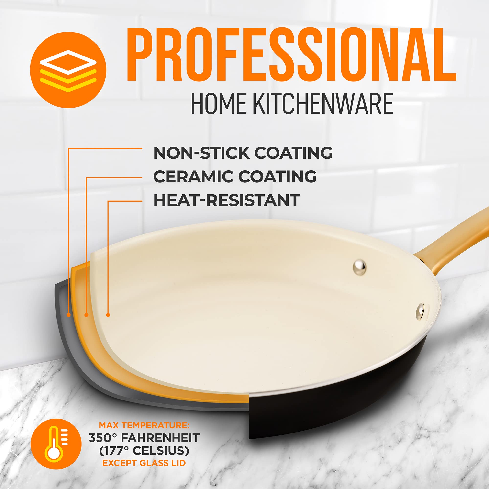 NutriChef 12-Inch Professional Ceramic Frying Pan With Lid - Large Skillet with Golden Titanium Handle, Non-Stick Ceramic Coating, Stain-Resistant, Easy to Clean, Ideal for Home Cooking