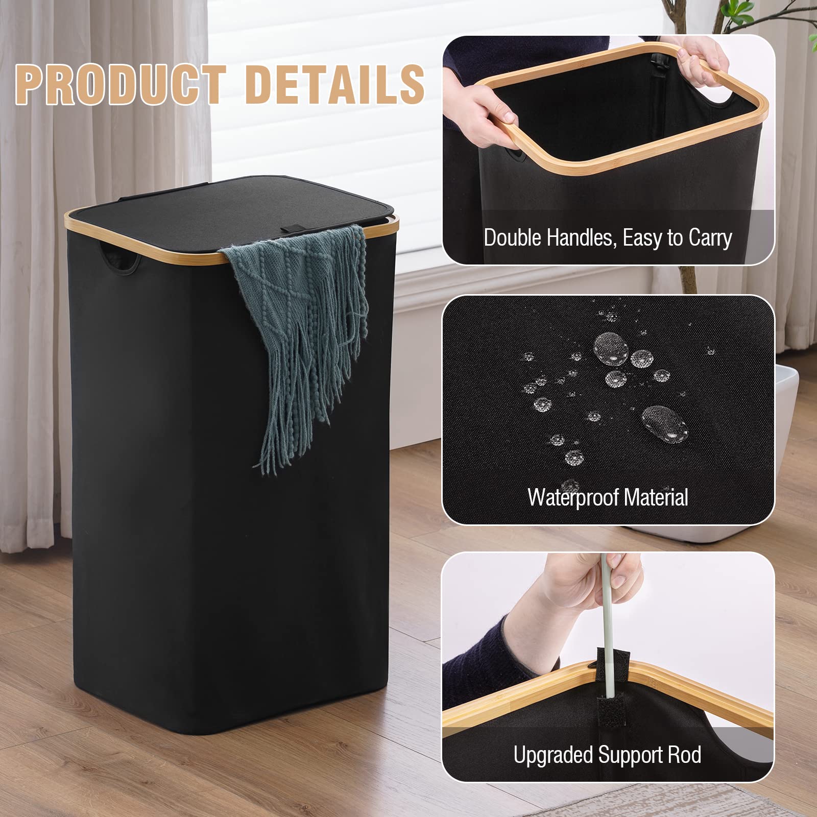 100L Large Laundry Basket with Lid by TECHMILLY, Tall Laundry Hamper with Bamboo Handles for Clothes and Toys Storage, Foldable Clothes Hamper for Bedroom, Dorm Room, Bathroom, Black