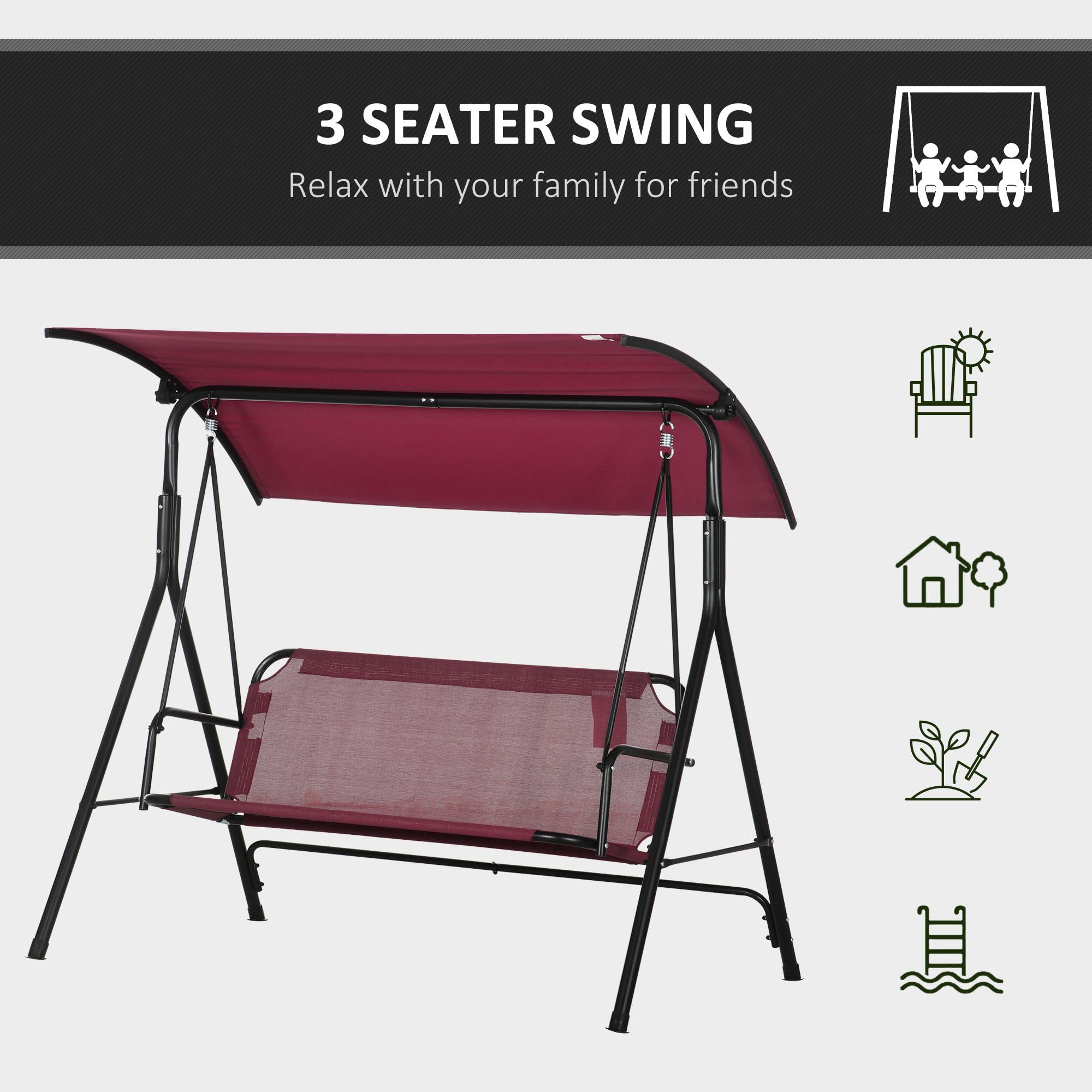 Outsunny 3-Person Porch Swing with Stand, Outdoor Swing for Patio Porch with Adjustable Tilt Canopy and Comfortable Swing Bench-Style Seat, Steel Frame, Wine Red