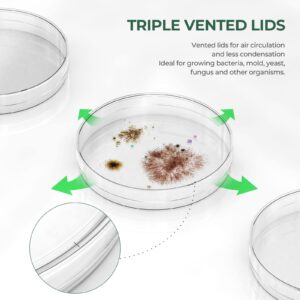 100 Packs Sterile Thick Plastic Petri Dishes with Lid, Vabiooth 90mm Dia x 15mm Deep Clear 3 Vents Petri Dish for Lab Science Experiment