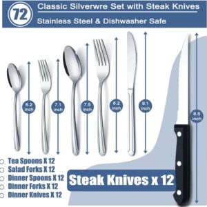 BEWOS 72 Pieces Silverware Set, Stainless Steel Cutlery Set for 12, Silverware Set With Steak Knives, Flatware Set Mirror Polished, Tableware Set for Home Kitchen Restaurant Hotel, Dishwasher Safe