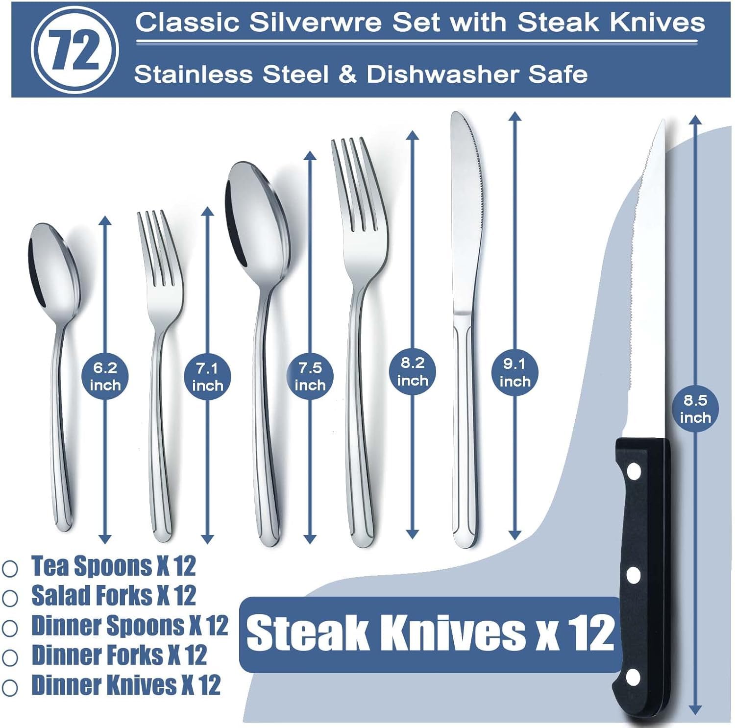 BEWOS 72 Pieces Silverware Set, Stainless Steel Cutlery Set for 12, Silverware Set With Steak Knives, Flatware Set Mirror Polished, Tableware Set for Home Kitchen Restaurant Hotel, Dishwasher Safe