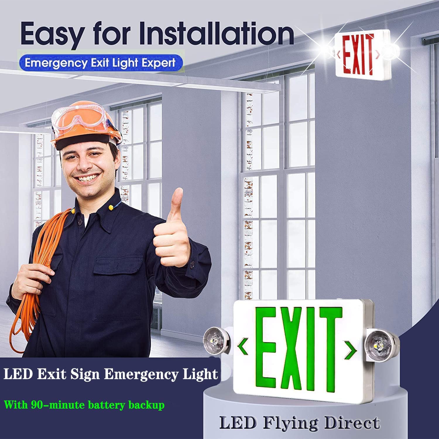 LED Exit Sign with Emergency Light, Double Sided Green with Battery Backup, Rotatable Light Head, AC 120V/277V, UL Listed Commercial LED Emergency Exit Light (2Pack, Green)