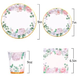 Floral Party Decorations Bridal Shower Plates and Napkins Sets for 24 Guest-Tea Party Themed Decorations,Floral Party Paper Plates,Cups,Nakpins for Baby Shower,Birthday,Wedding Tea Party Supplies